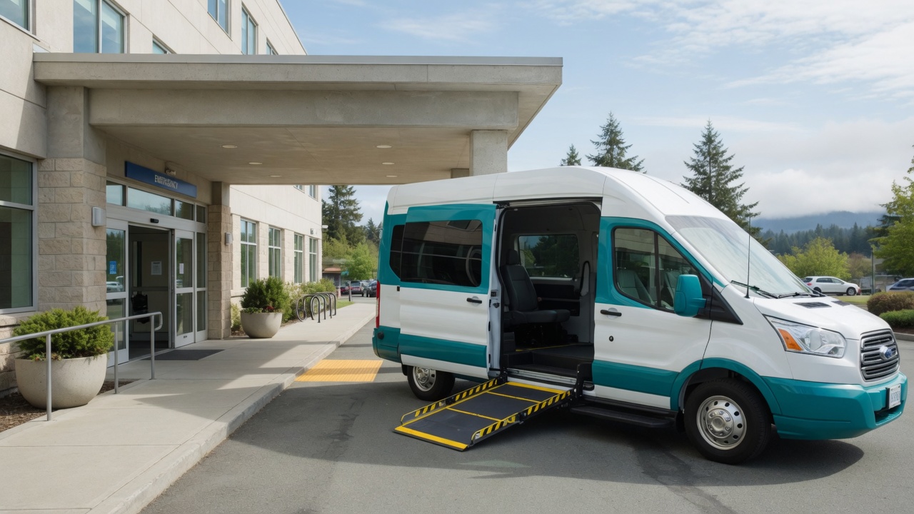 Accessible medical transport van with wheelchair ramp at a hospital entrance