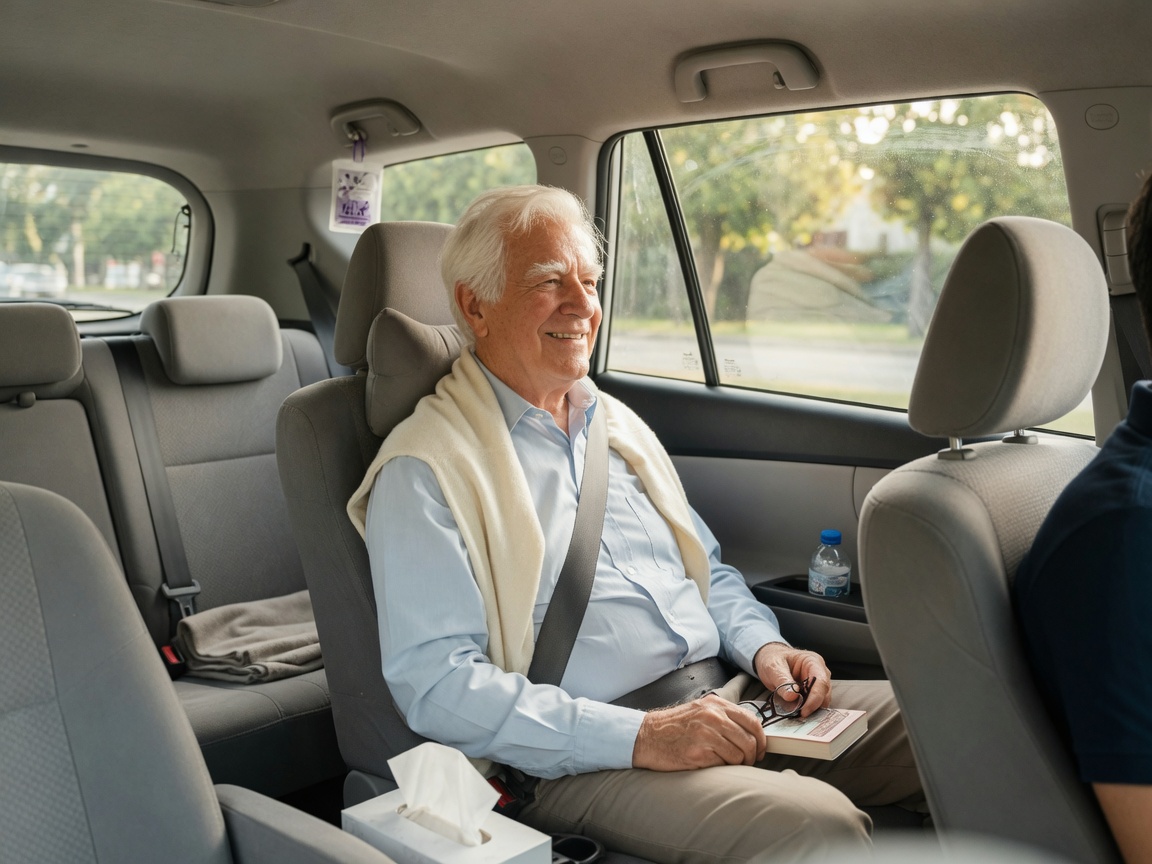 Relaxed senior man smiling during a comfortable medical transport ride